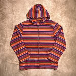 Vintage 90s Rainbow Striped Hooded Jacket Multicolor Zip Up Tapestry Boho Hippie